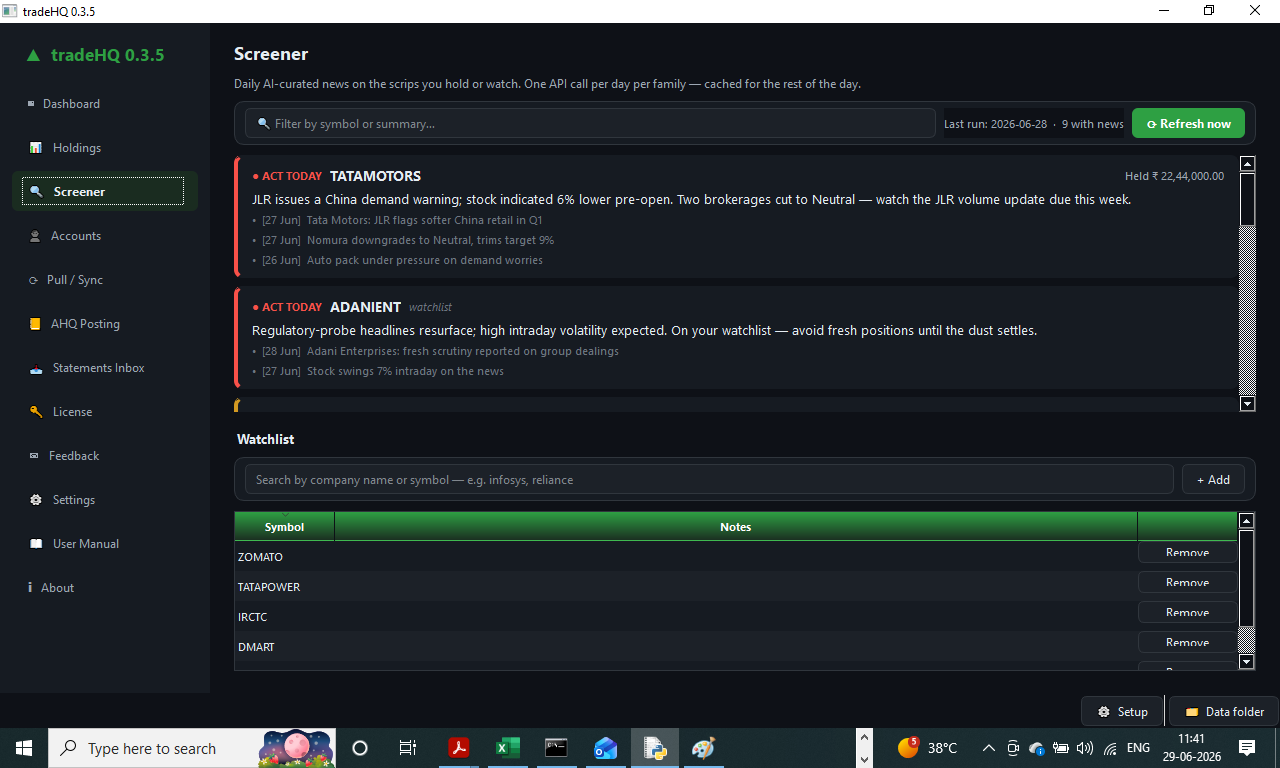 tradeHQ AI news screener — severity and plain-English read on your holdings
